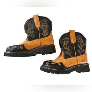 Roper Girls Cowgirl Boots Ostrich Print Studded Tan Black Youth 2